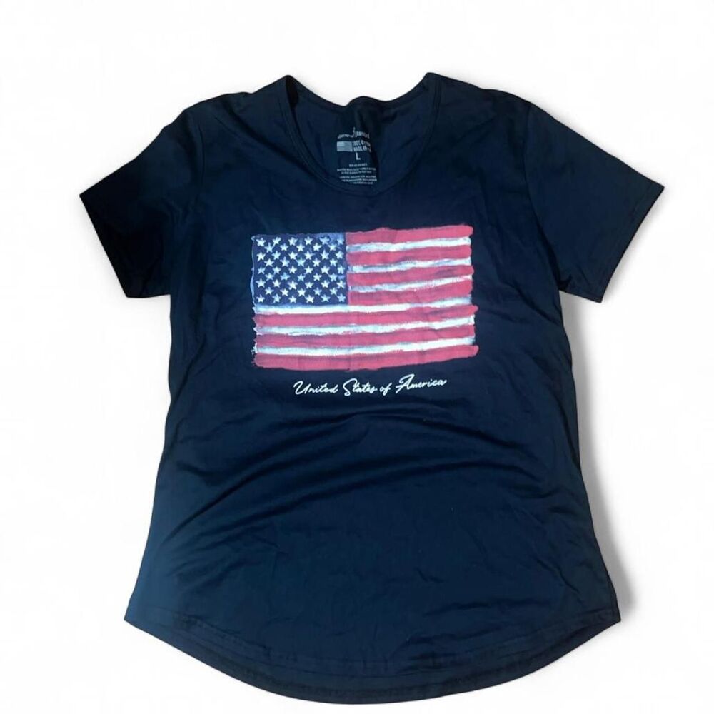 Women's Navy Blue USA Flag United States Cotton Tshirt SZ L